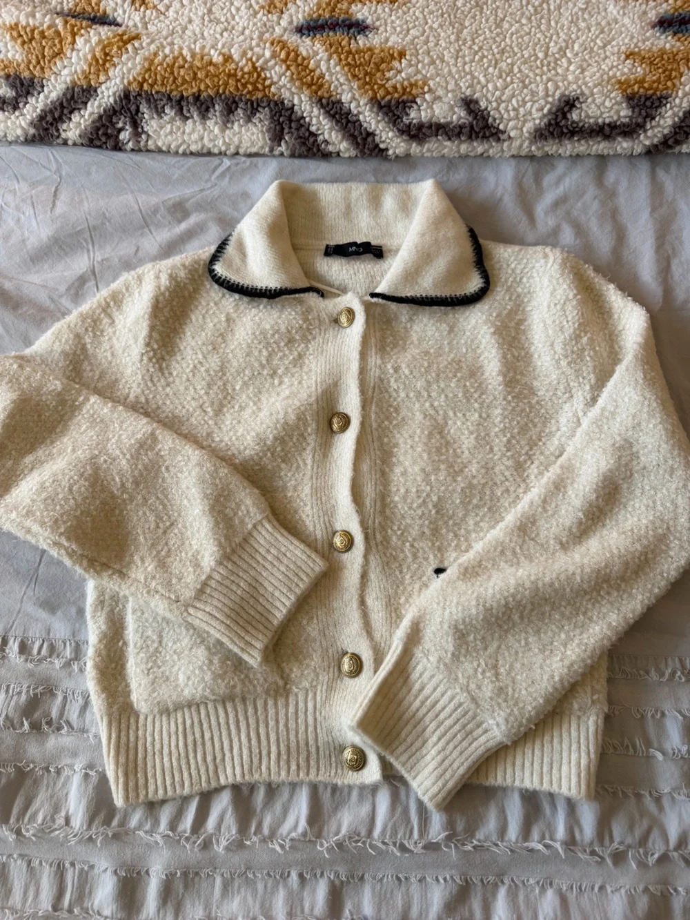 Mango Cream Knit Cardigan with Black Trim